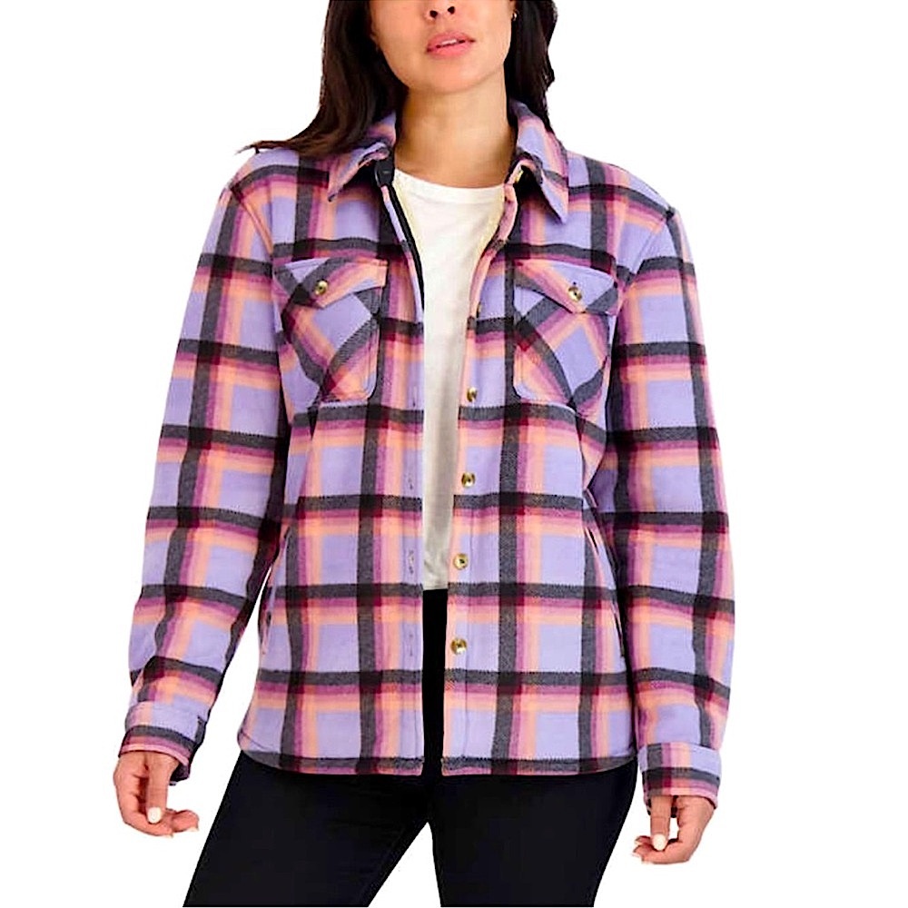 Sage Collective Sherpa Lined Plaid Shacket Purple Shirt Jacket